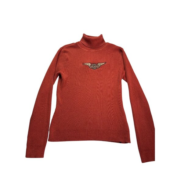 Harley-Davidson Womens Orange Turtleneck Top Size M Y2K Ribbed Knit Cotton - Picture 1 of 7